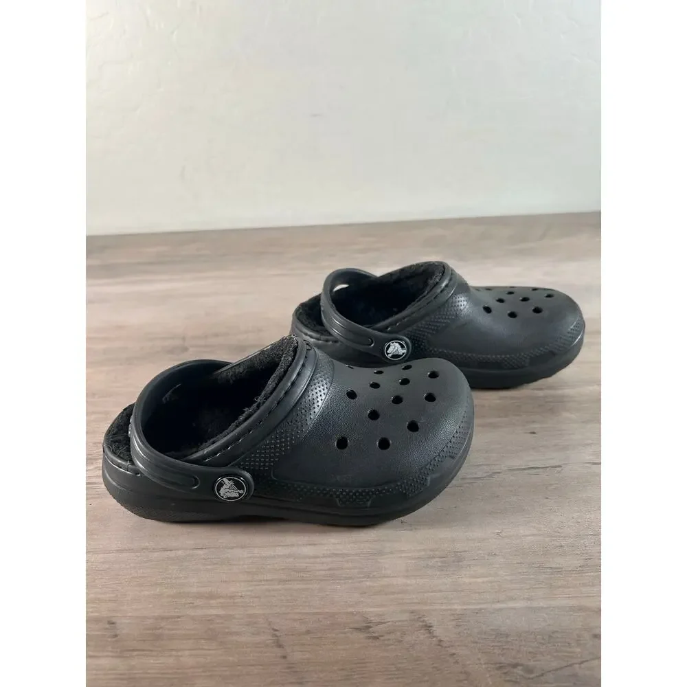 Crocs Classic Black Fuzzy Clogs Child Size 11 C11-‎ NWOT